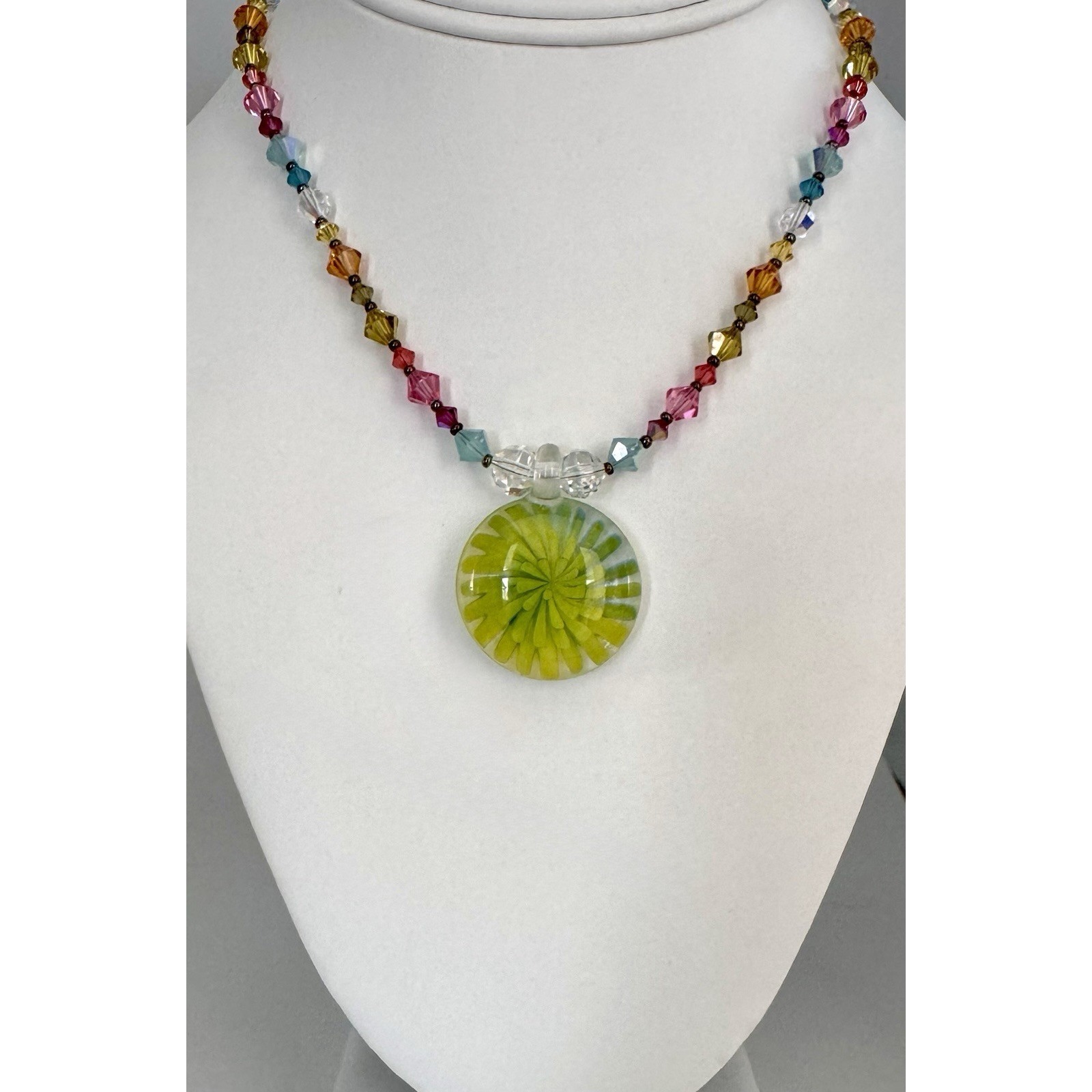 Emily Ray Sterling Swarovski Crystal Beaded Necklace Large Green Glass Pendant